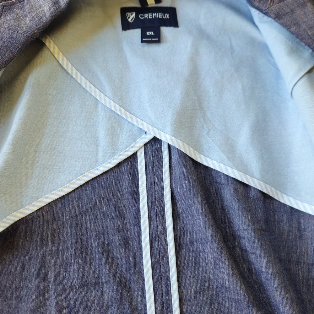 Cremieux Blue Linen Sport Coat XXL Elbow Patch Two Button Butterfly Half Lining